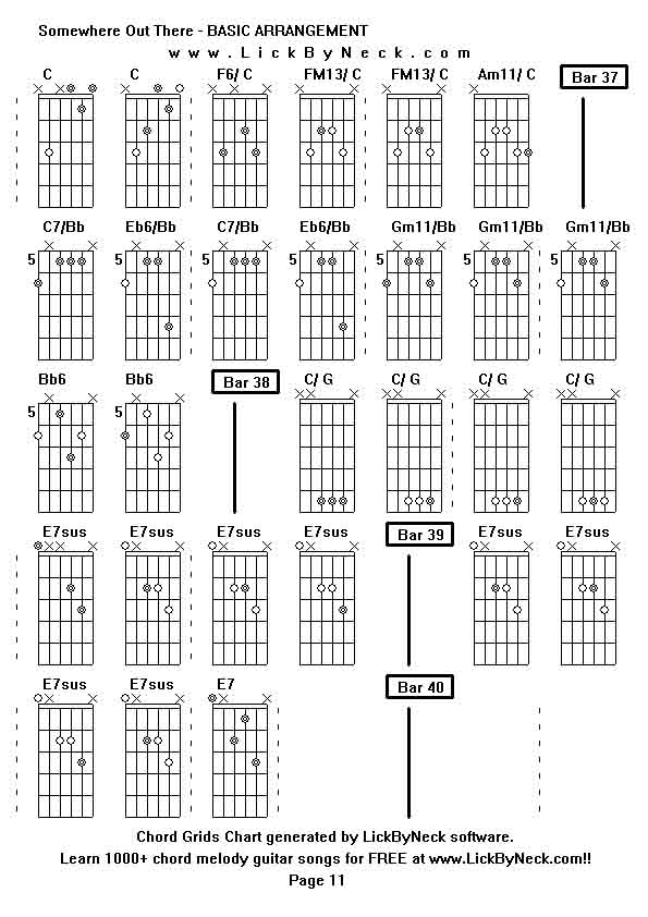 Chord Grids Chart of chord melody fingerstyle guitar song-Somewhere Out There - BASIC ARRANGEMENT,generated by LickByNeck software.